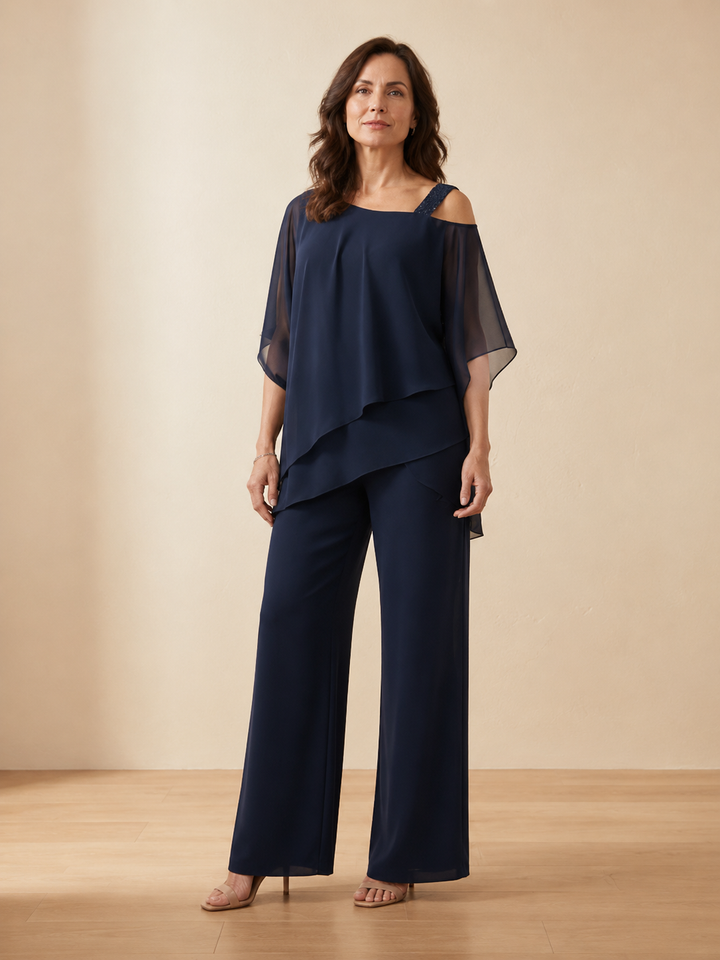 Annie - Conjunto elegante de gasa con top asimétrico y pantalón ancho