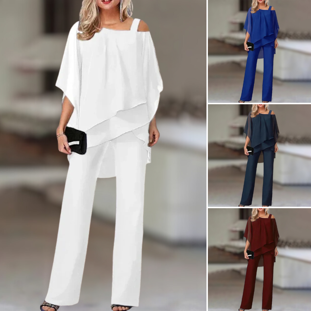 Annie - Conjunto elegante de gasa con top asimétrico y pantalón ancho