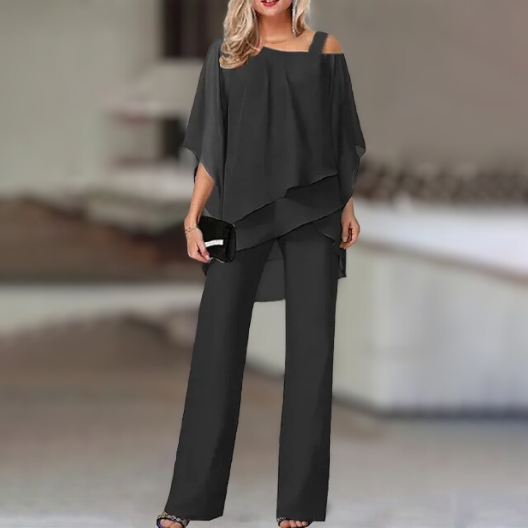 Annie - Conjunto elegante de gasa con top asimétrico y pantalón ancho