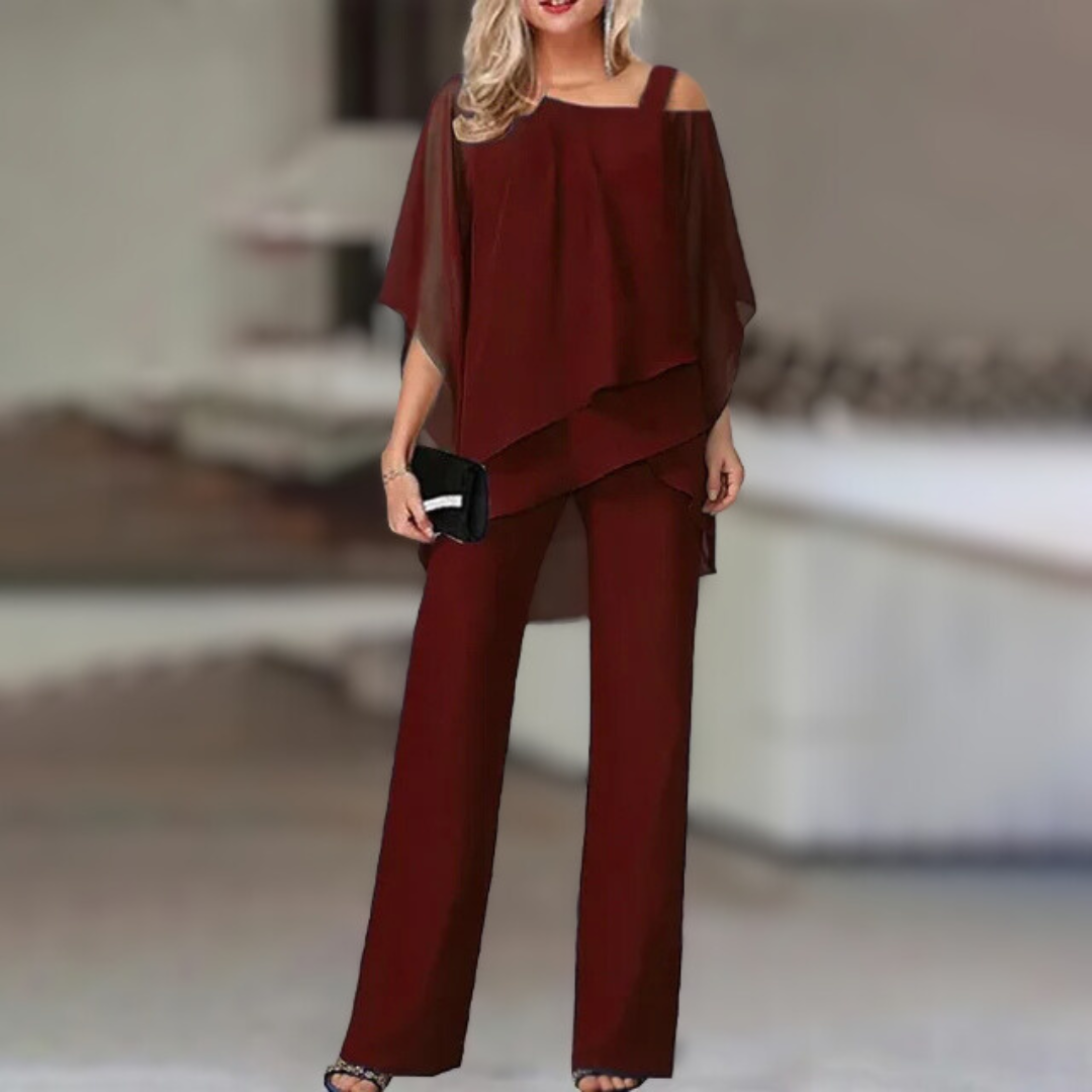 Annie - Conjunto elegante de gasa con top asimétrico y pantalón ancho