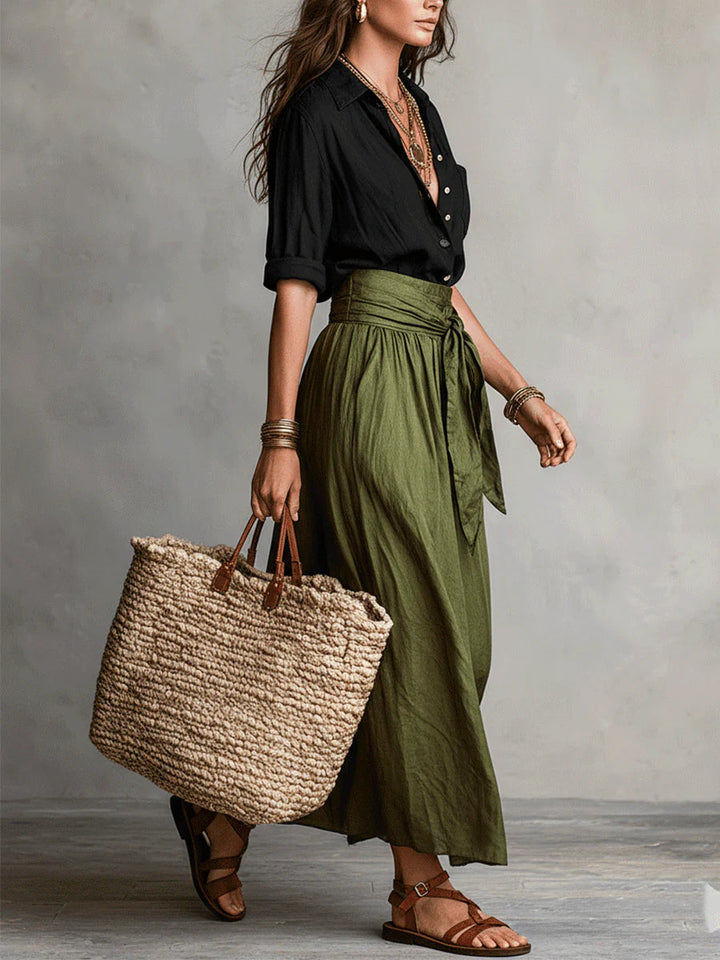 Vera™ | Conjunto de Dos Piezas: Top Negro y Falda Midi Verde Oliva