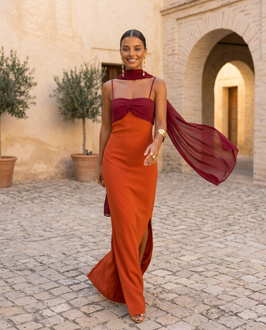 Zahara | Vestido en naranja con escote en rojo ( RESERVA 12-13 JUNIO)
